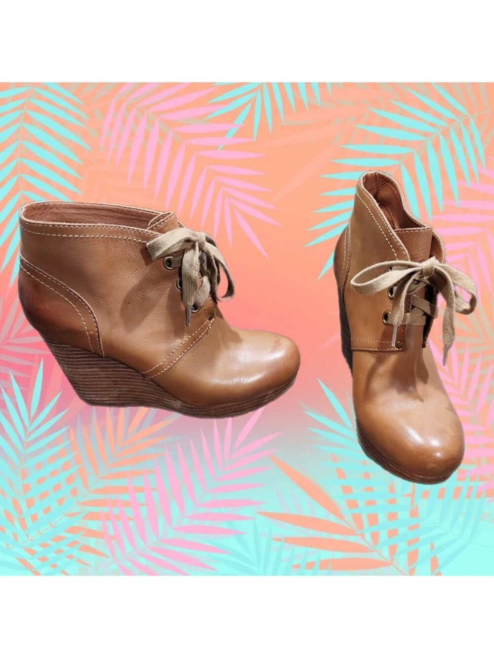 Lucky Brand Leather Norice Lace-Up Wedge Heels Ankle Boots Women's Size 7.5